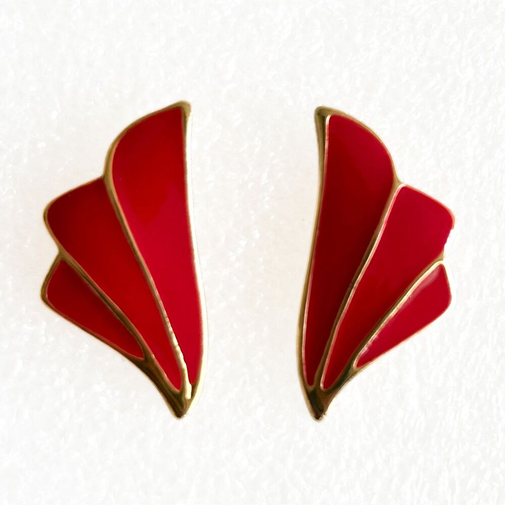 Vintage Red Enamel Fan Wing Earrings